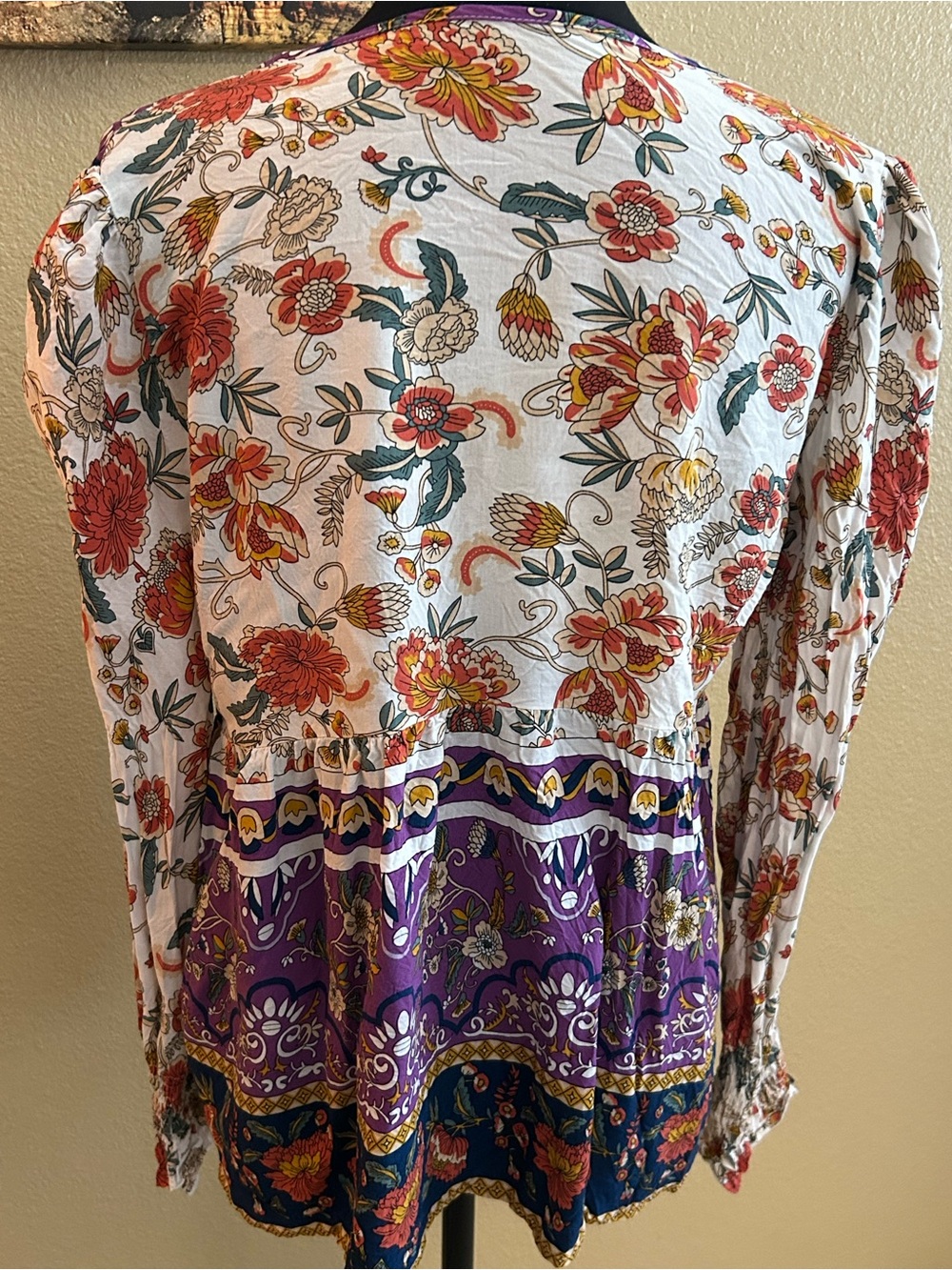 Boho Floral Tie-Front Long Sleeve Top in Purple & Navy - Picture 3 of 5